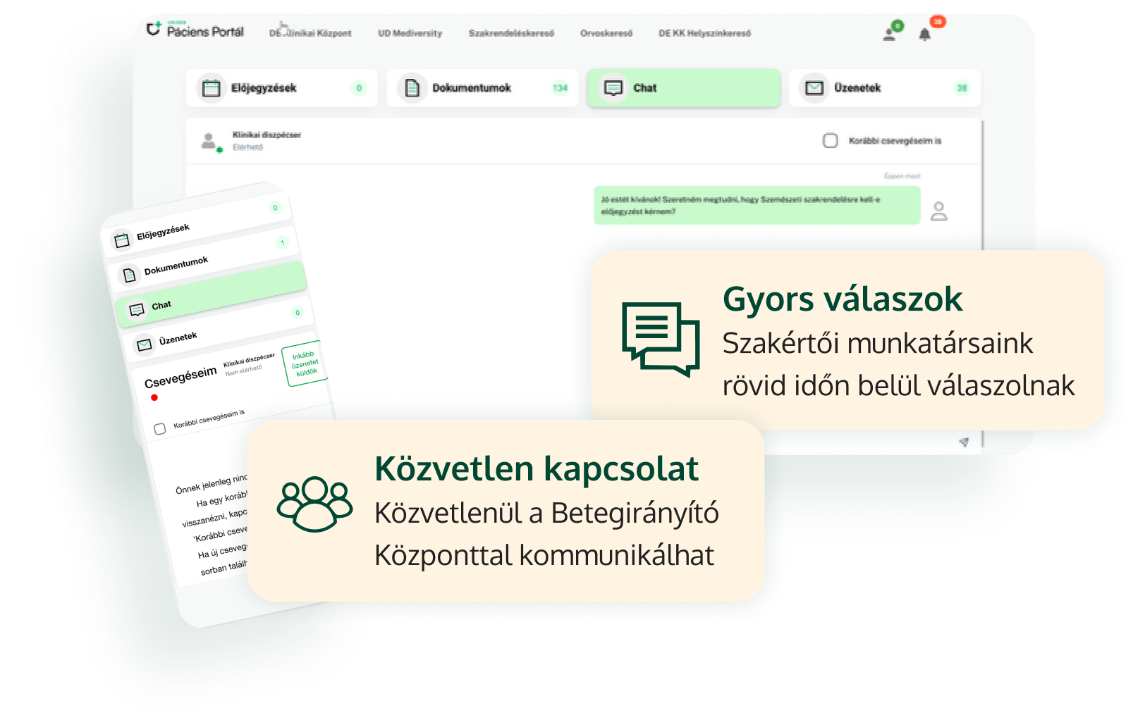 Chat felület képernyőkép a Betegirányító Központtal
                                                 folytatott beszélgetésről